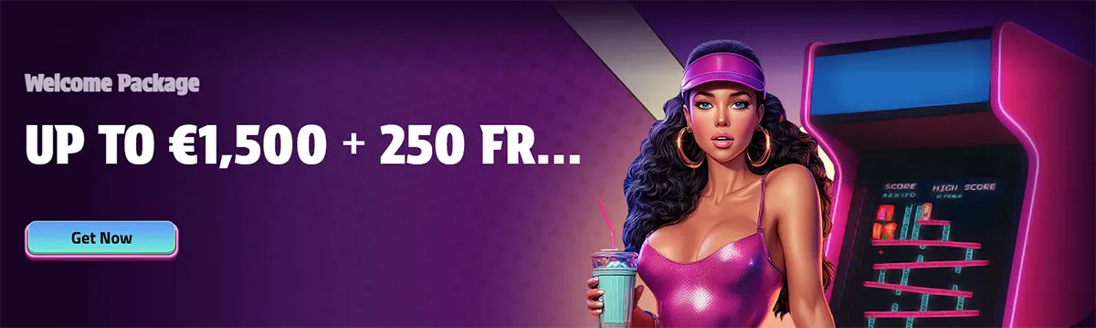 Purple casino welcome package banner with “Up to €1,500 + 250 free spins”, a “Get Now” button, and a neon-styled woman holding a drink beside an arcade slot machine.