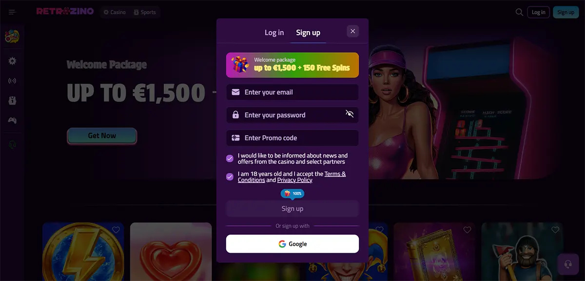 Retrozino casino screenshot showing a purple “Sign up” popup with “Welcome package up to €1,500 + 150 Free Spins”, email/password/promo fields, consent checkboxes, a “Sign up” button, and Google sign-up over a neon arcade-themed background.